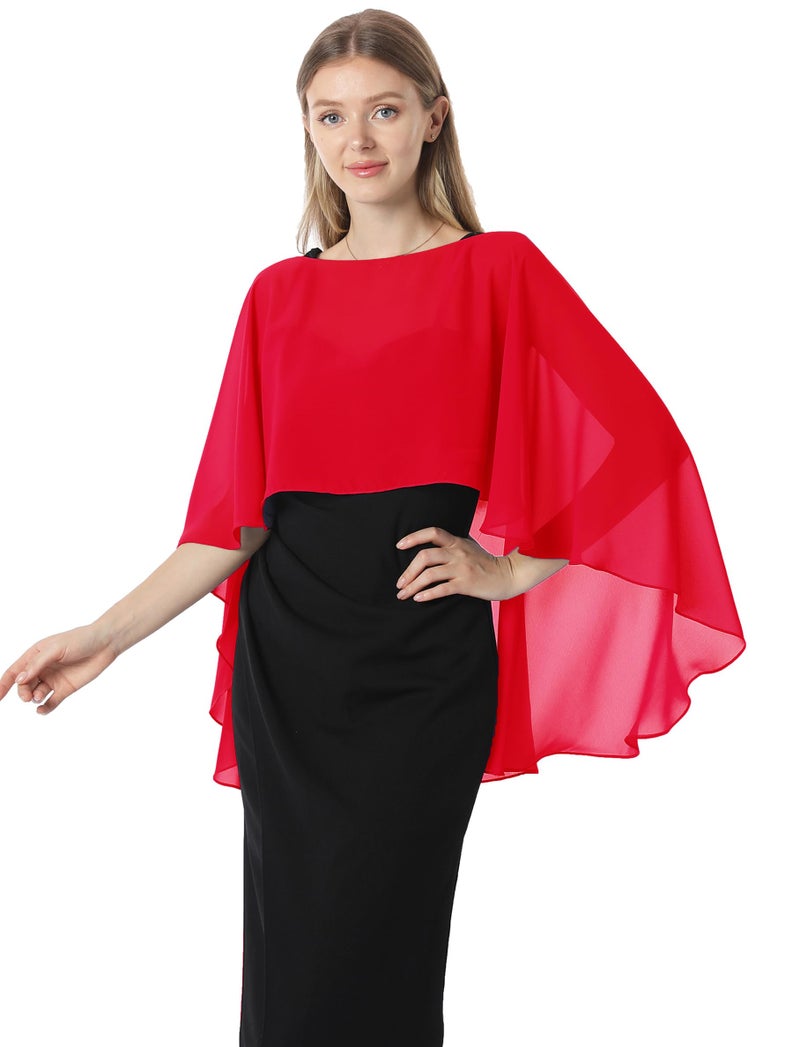 Hotshawl Capelets for women Chiffon Cape Shawls and Wraps for Evening Dress Wedding Capes Cover Up (Red) - Image 3